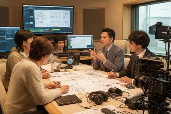 敦賀市の制作スタジオで打ち合わせをするK&T テレビのスタッフ