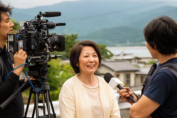 移住促進番組の取材でインタビューを受ける地域住民と撮影クルー